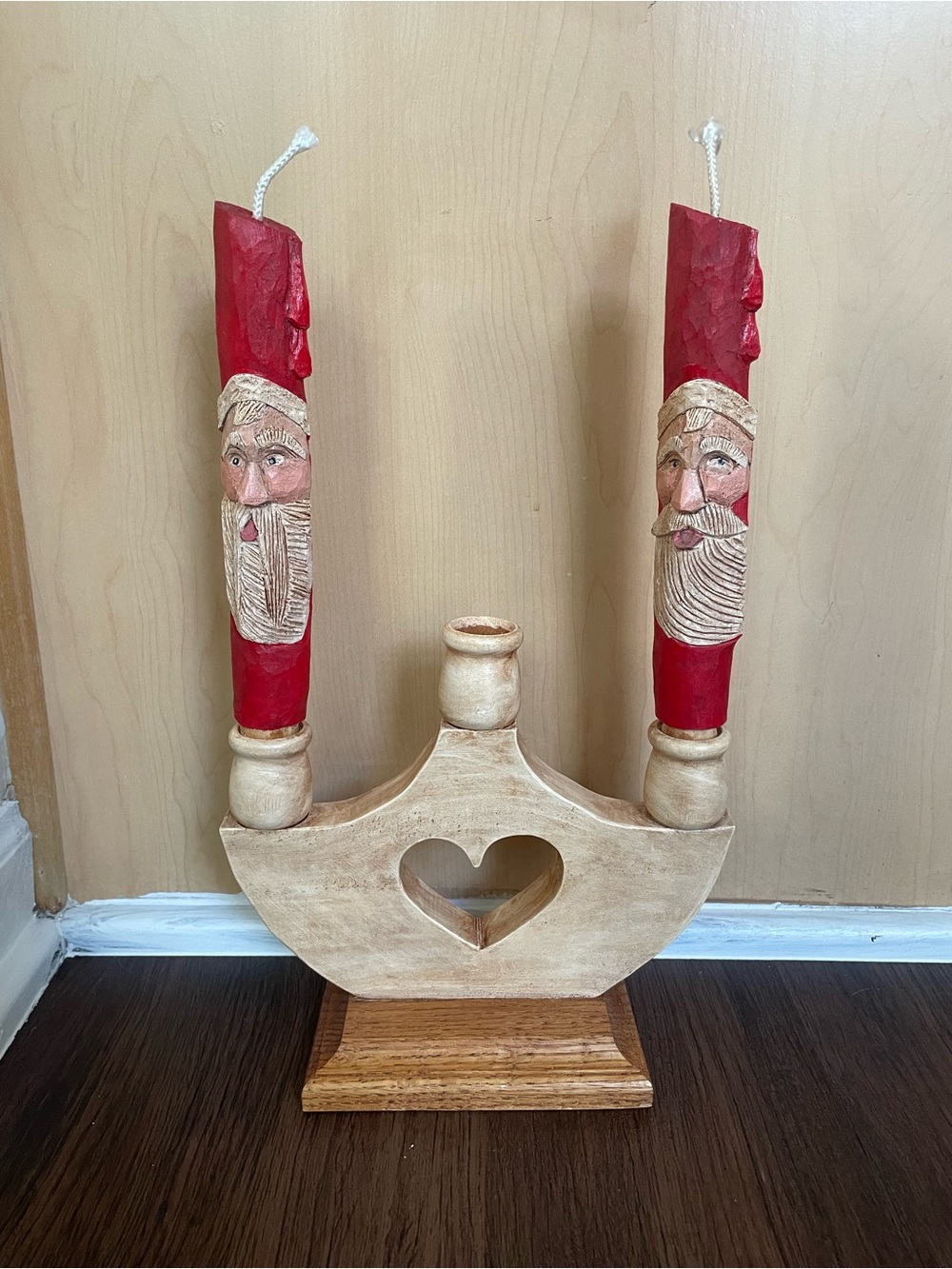 Santa Claus Handmade/ Handcarved Wooden Candle Stick Holders 13” Tall Christmas